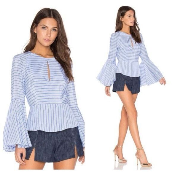 Milly New York Luna Top Stripe Bell Sleeve Peplum in Blue & White 8 - Picture 1 of 12